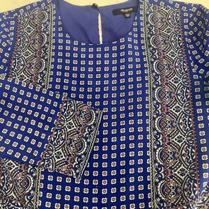 Madewell Dress Women's XXS Blue Geo‎ Print Boho Silk Sleeve Pockets